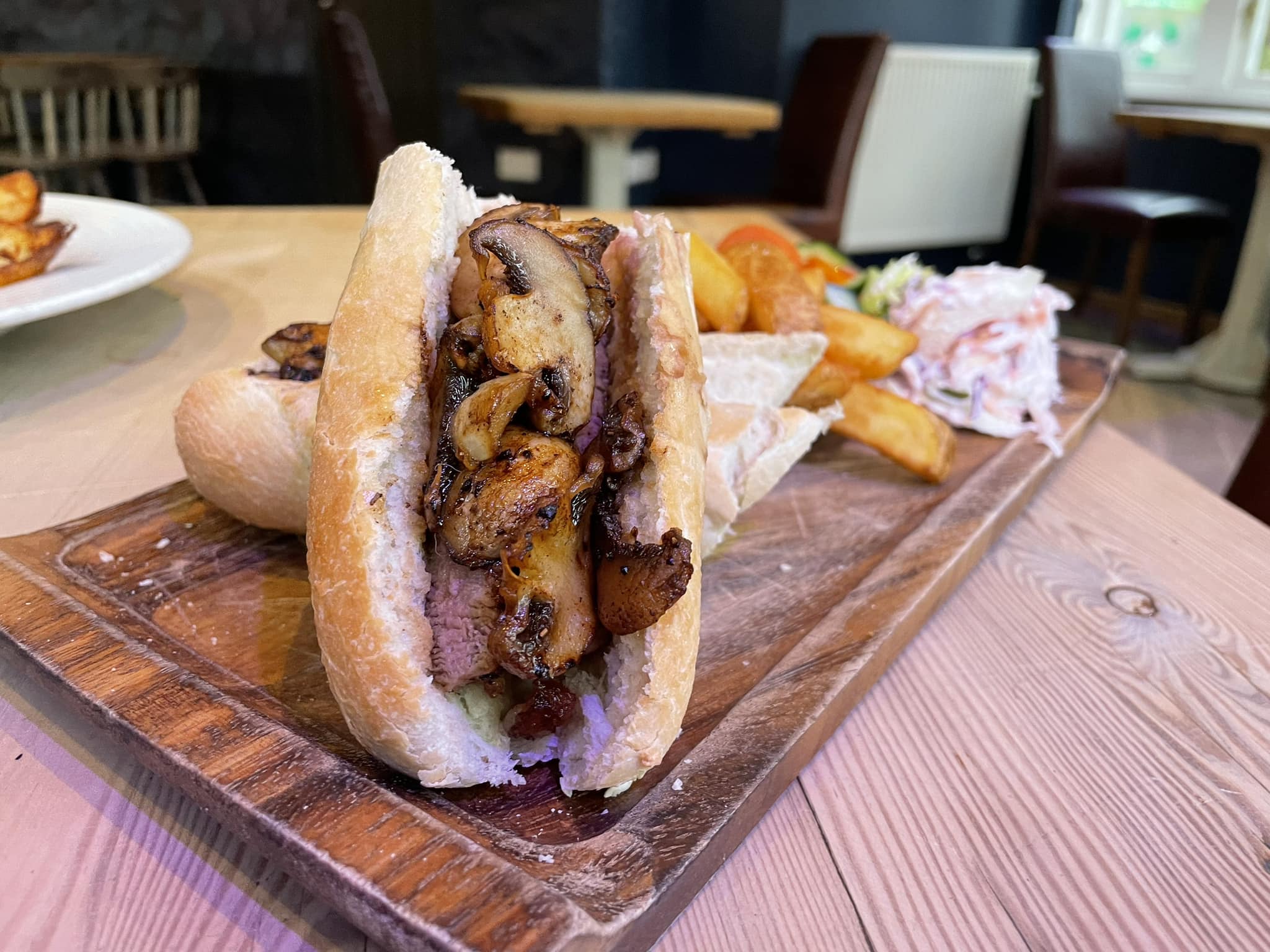 Steak and mushroom baguette